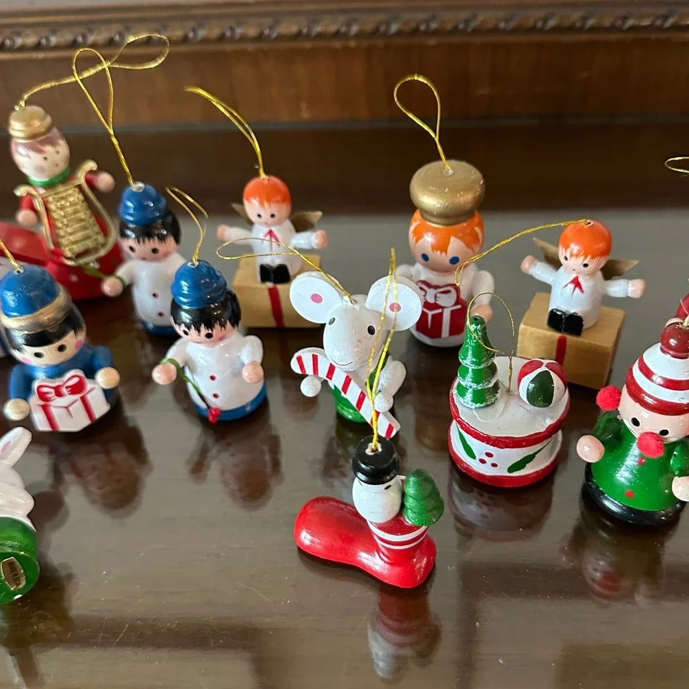 Vintage Lot of 21 Wooden Christmas Ornaments Hand Painted Folk Art Santa Snowman